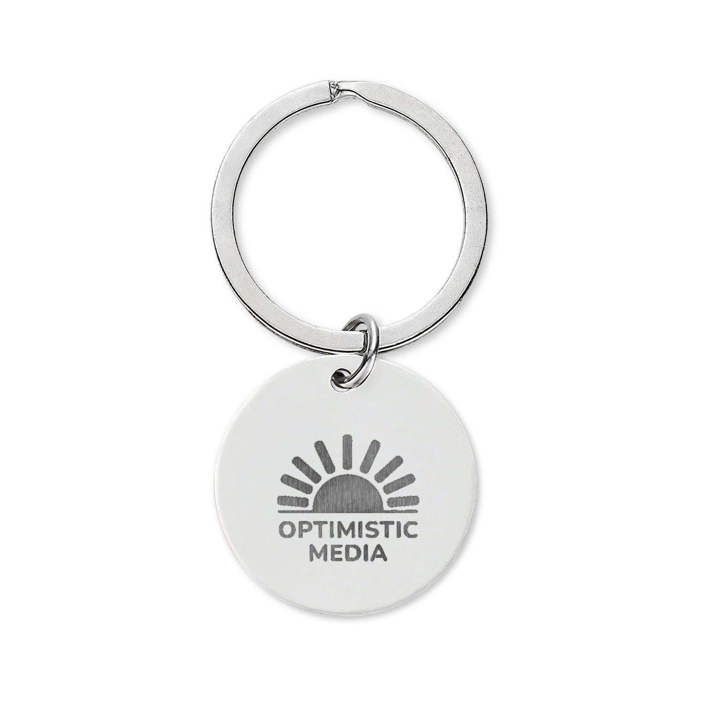 Engraved Stainless Steel Round Keychain — 'Optimistic Media' Logo