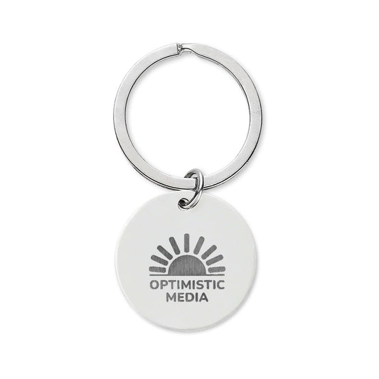 Engraved Stainless Steel Round Keychain — 'Optimistic Media' Logo