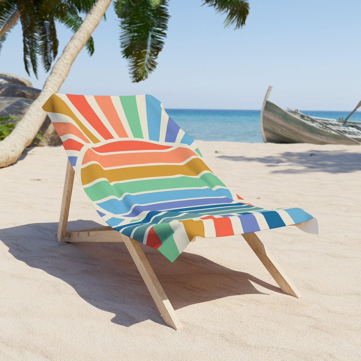 Retro Rainbow Sun Beach Towel — Striped Summer Coastal Throw