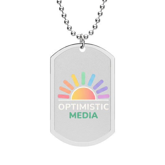 Optimistic Media Sunrise Dog Tag Necklace — Rainbow Logo Pendant
