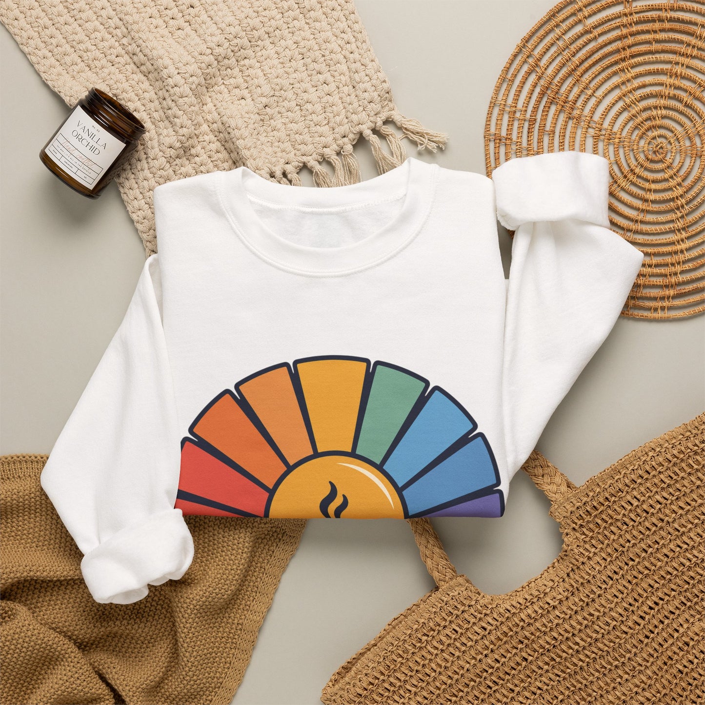 Sunrise Enthusiast Sweatshirt — Retro Rainbow Coffee Lover Crewneck