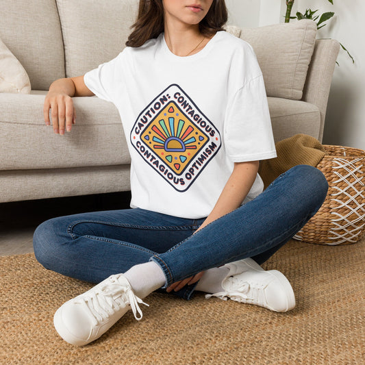 T-Shirt — "Caution: Contagious Optimism" Retro Sunburst Graphic Tee