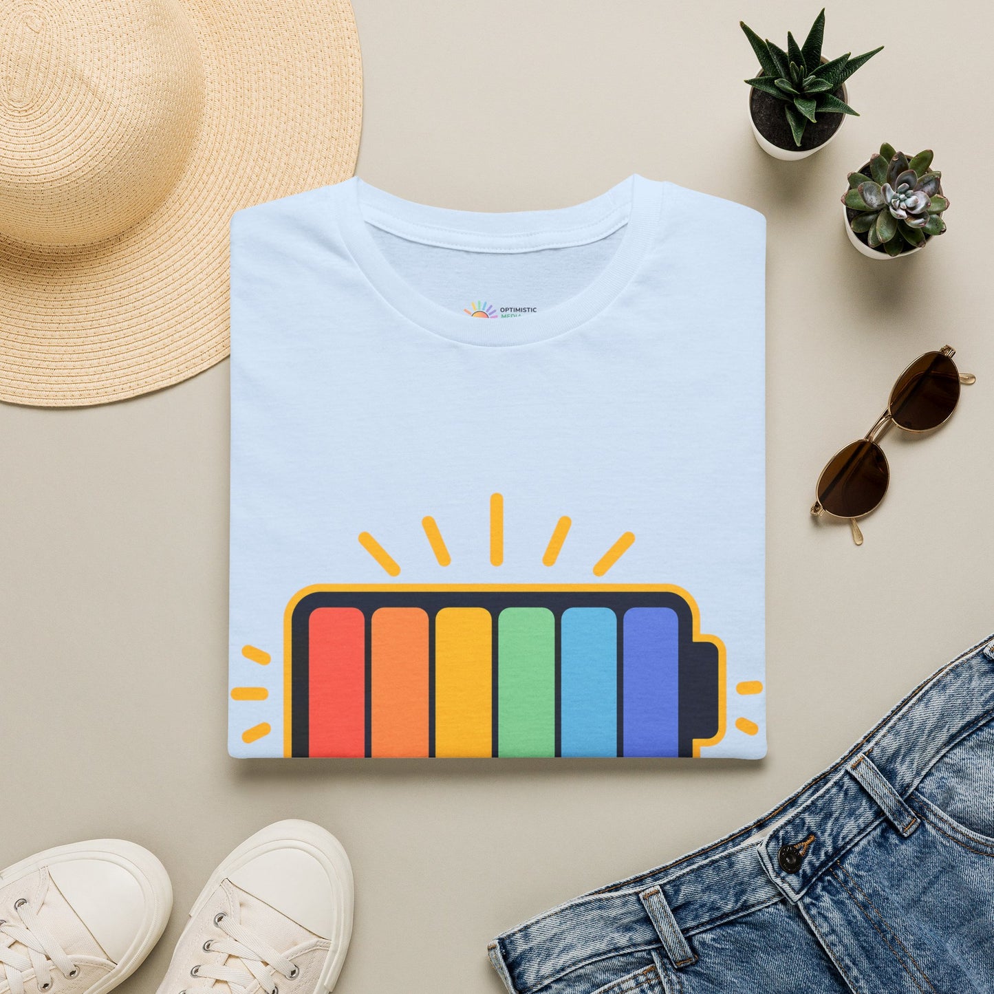 Powered by Sunshine T‑Shirt — Colorful Battery Graphic Tee
