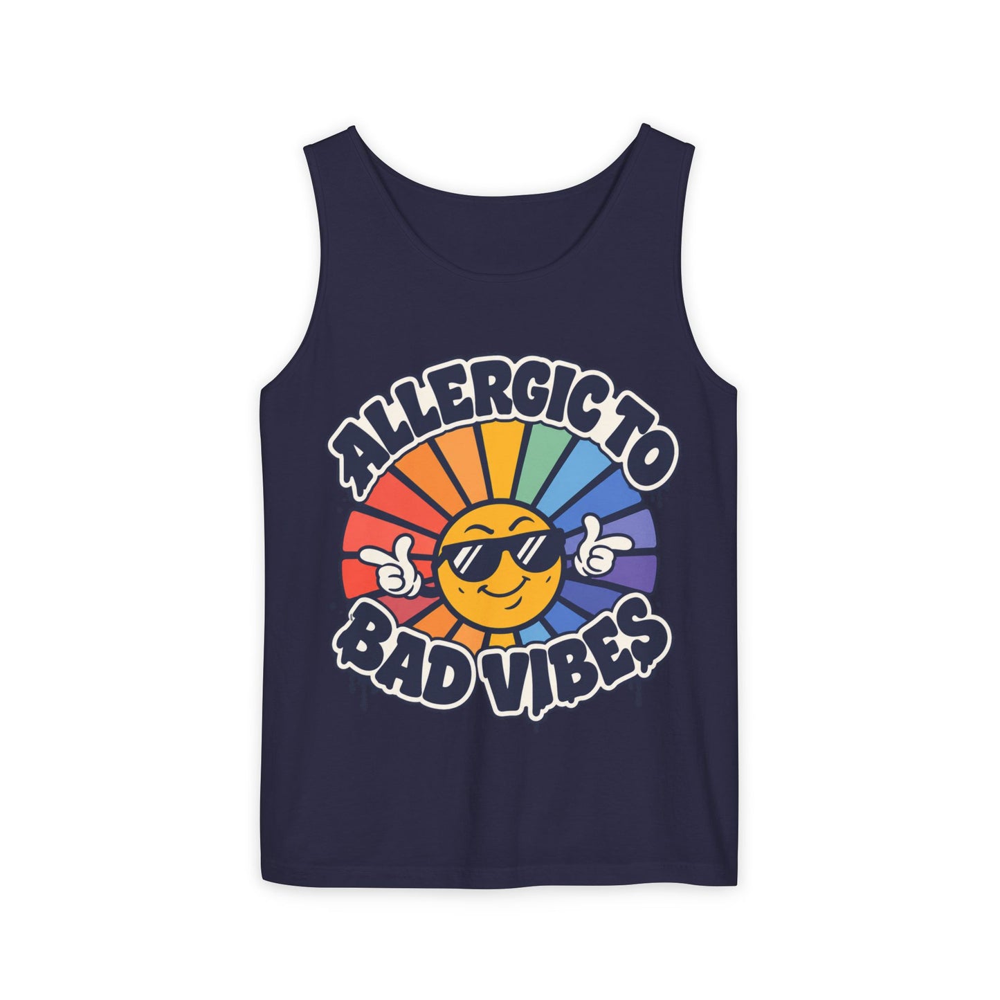 Allergic to Bad Vibes Tank Top — Retro Smiley Rainbow Graphic