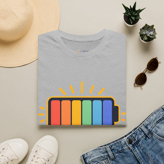 Powered by Sunshine T‑Shirt — Colorful Battery Graphic Tee