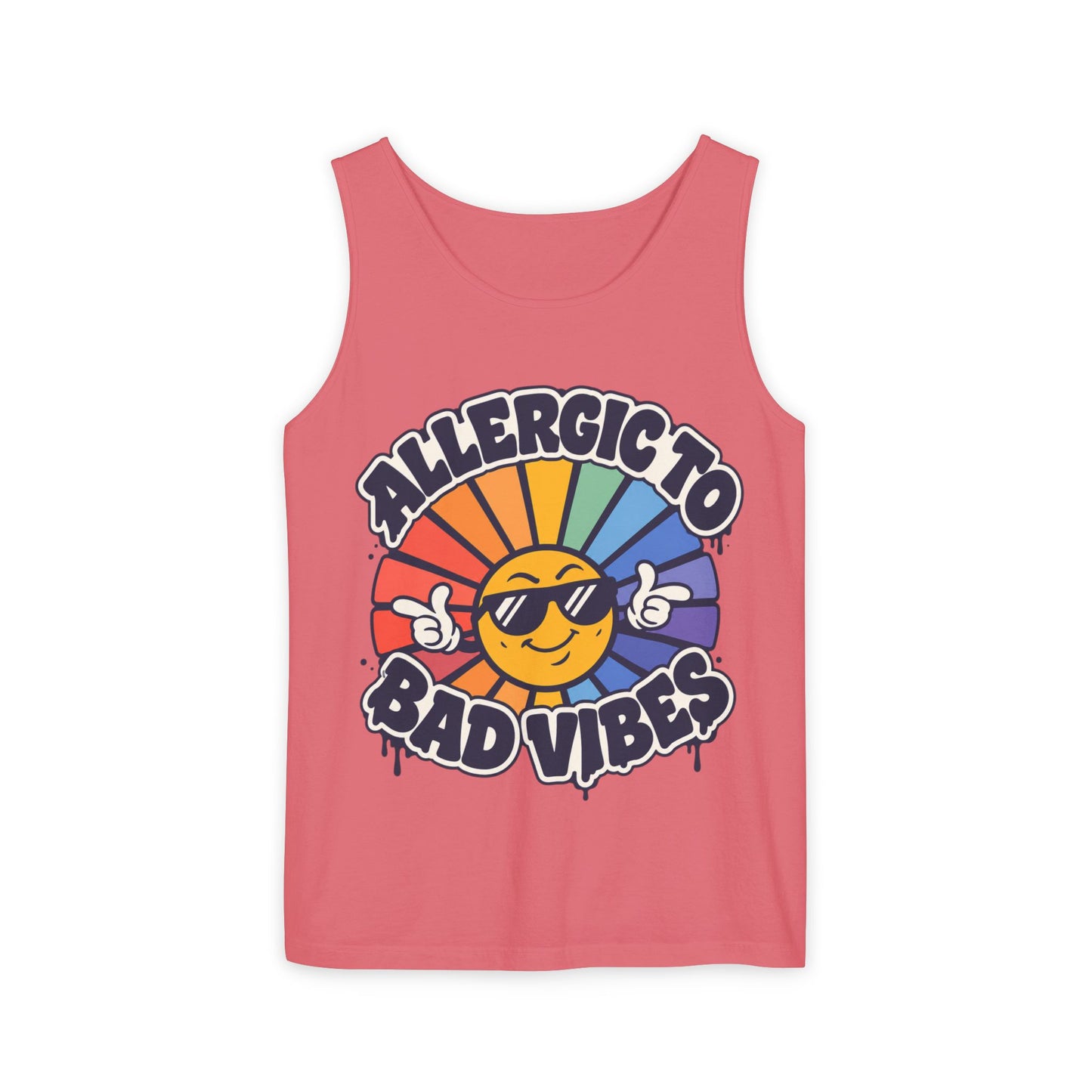 Allergic to Bad Vibes Tank Top — Retro Smiley Rainbow Graphic