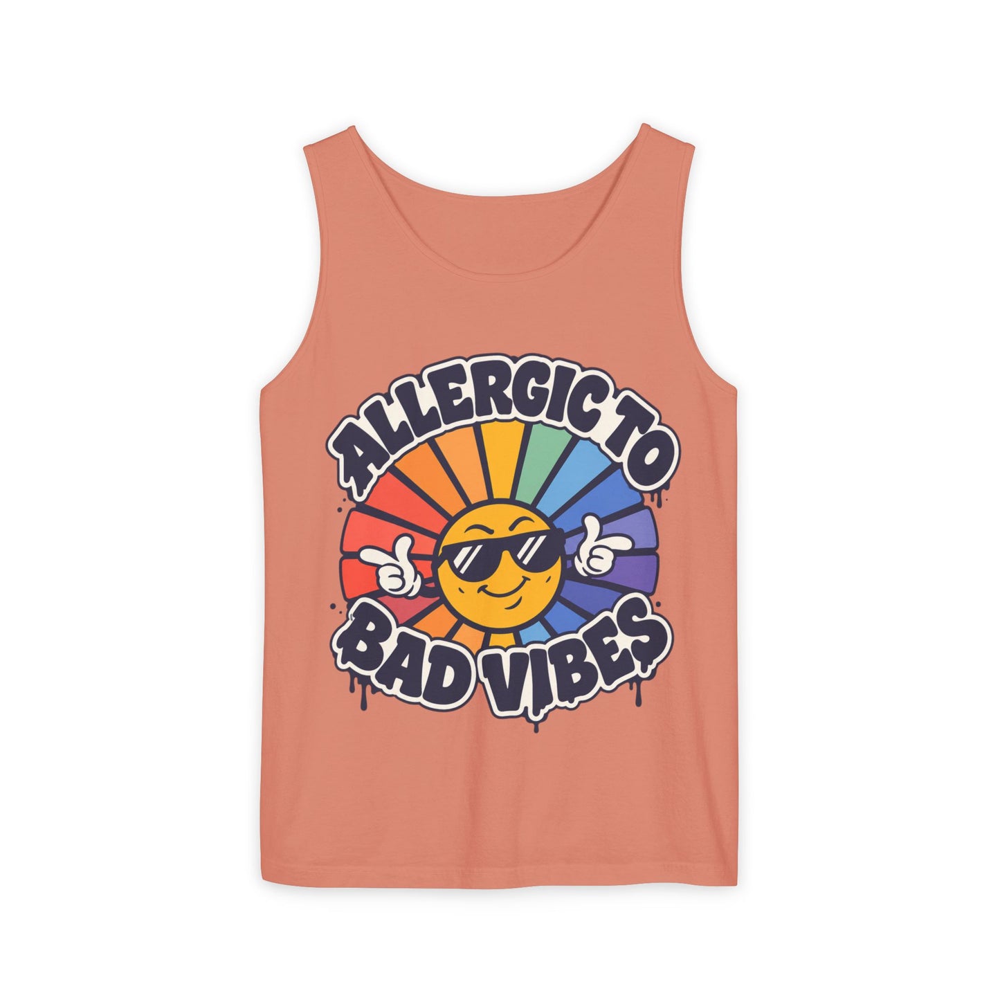 Allergic to Bad Vibes Tank Top — Retro Smiley Rainbow Graphic
