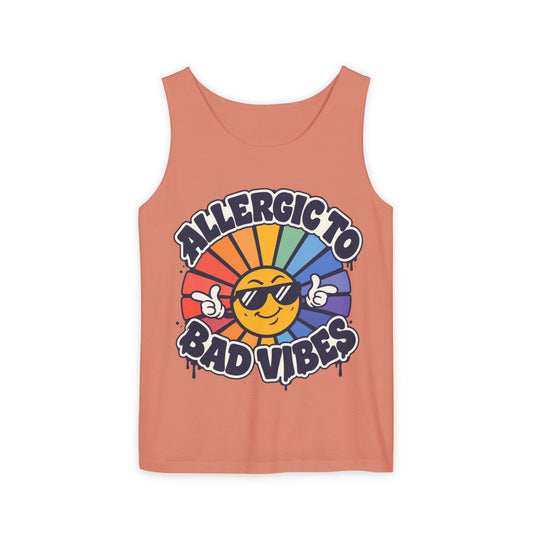 Allergic to Bad Vibes Tank Top — Retro Smiley Rainbow Graphic