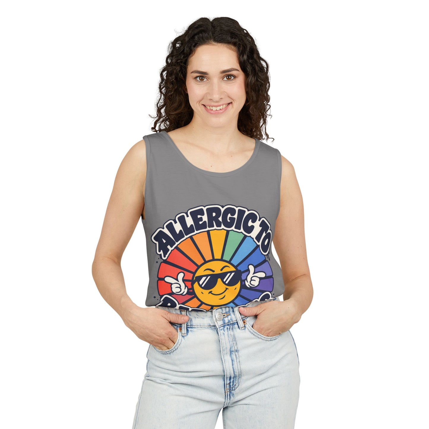 Allergic to Bad Vibes Tank Top — Retro Smiley Rainbow Graphic