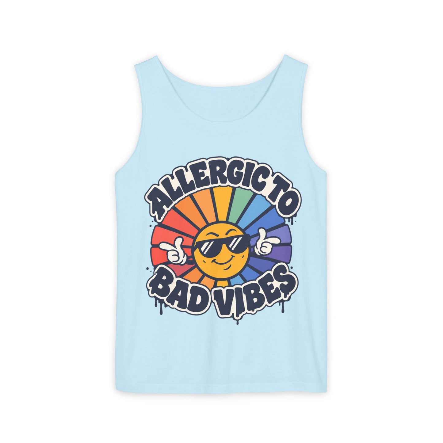 Allergic to Bad Vibes Tank Top — Retro Smiley Rainbow Graphic