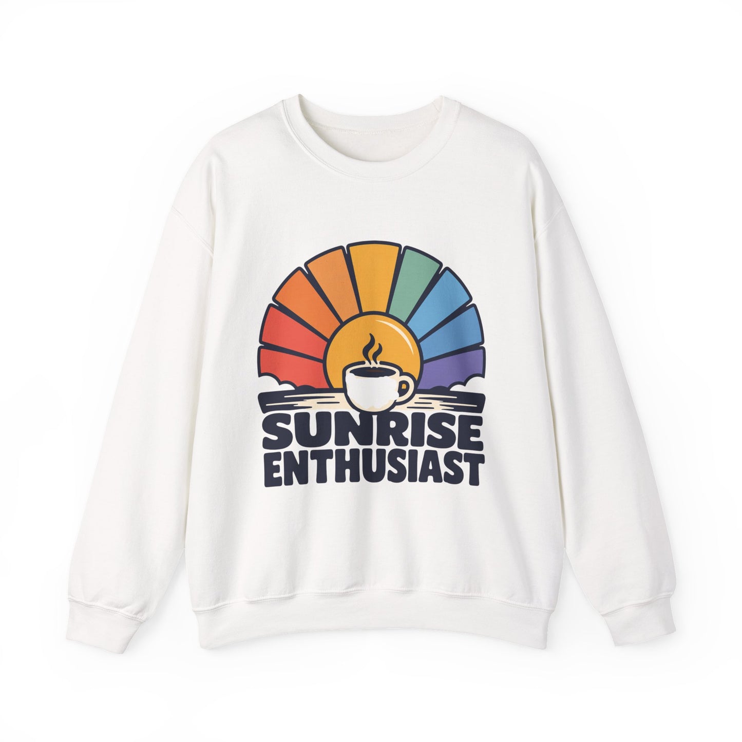 Sunrise Enthusiast Sweatshirt — Retro Rainbow Coffee Lover Crewneck
