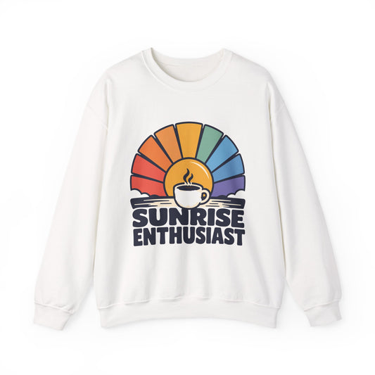 Sunrise Enthusiast Sweatshirt — Retro Rainbow Coffee Lover Crewneck
