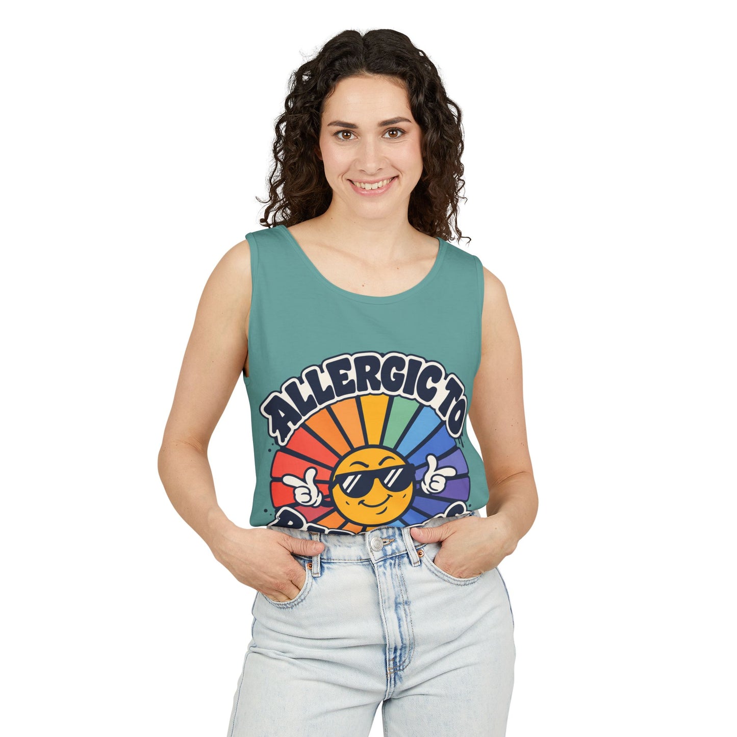 Allergic to Bad Vibes Tank Top — Retro Smiley Rainbow Graphic