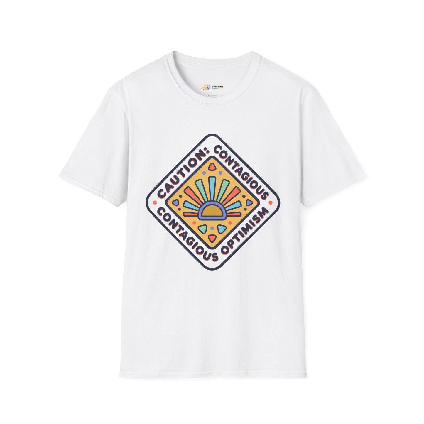 T-Shirt — "Caution: Contagious Optimism" Retro Sunburst Graphic Tee