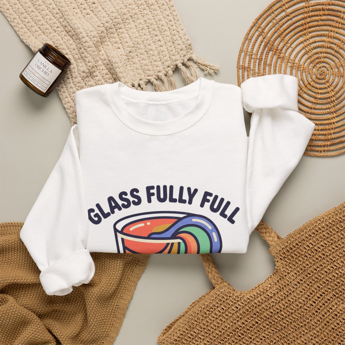 Crewneck Sweatshirt — 'Glass Fully Full' Rainbow Pour | Fill It Up Graphic