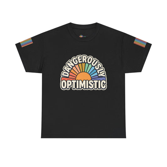 Dangerously Optimistic Tee — Retro Rainbow Sun Graphic T-Shirt