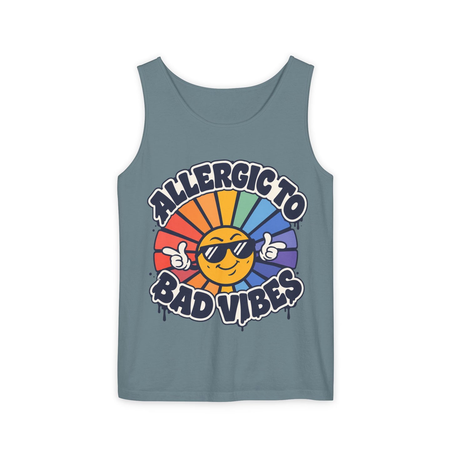 Allergic to Bad Vibes Tank Top — Retro Smiley Rainbow Graphic