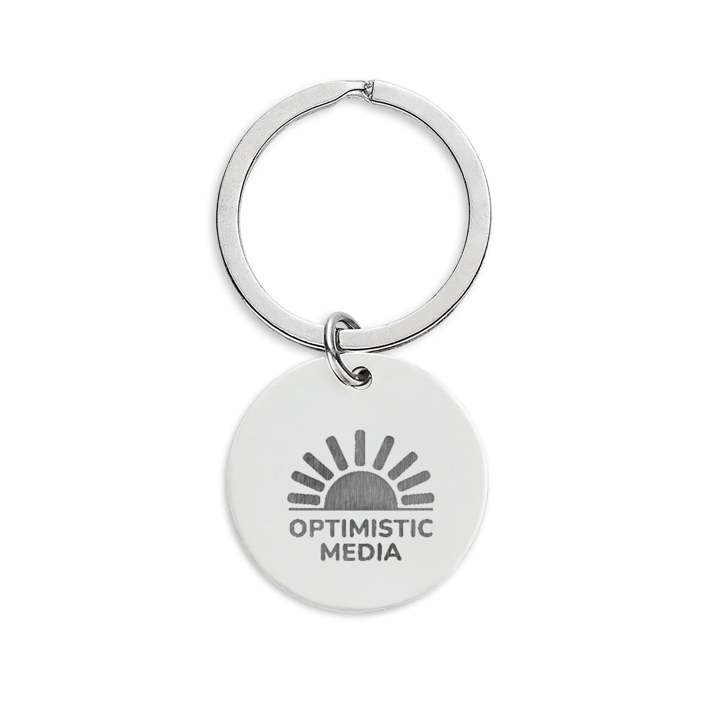 Engraved Stainless Steel Round Keychain — 'Optimistic Media' Logo