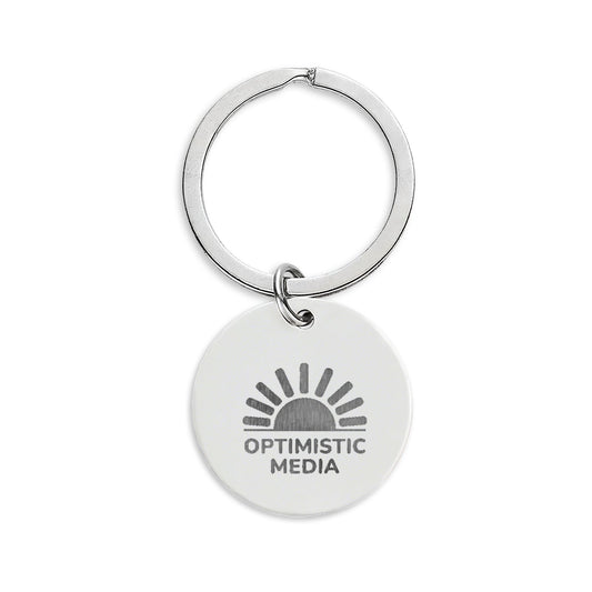 Engraved Stainless Steel Round Keychain — 'Optimistic Media' Logo