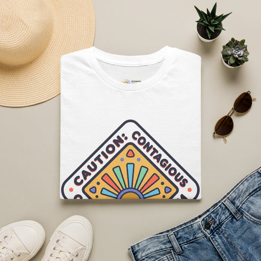 T-Shirt — "Caution: Contagious Optimism" Retro Sunburst Graphic Tee