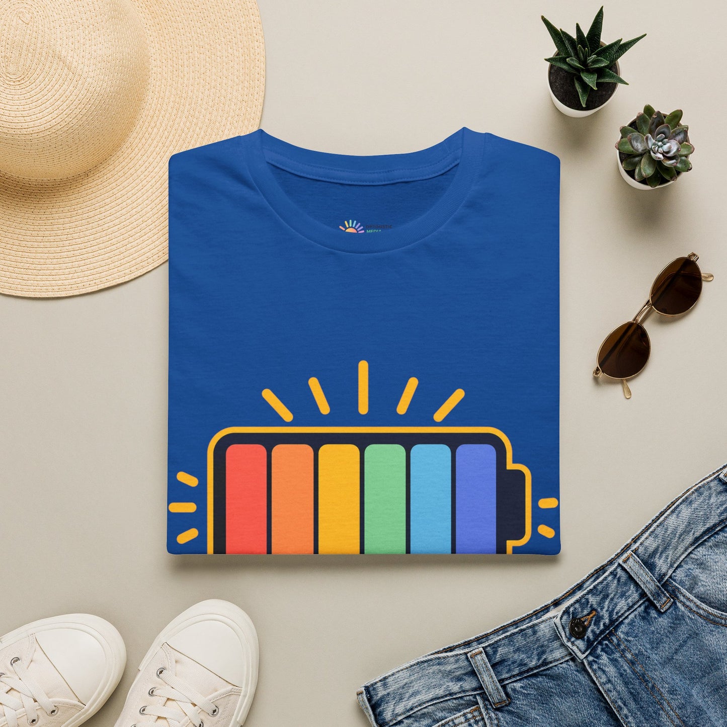 Powered by Sunshine T‑Shirt — Colorful Battery Graphic Tee