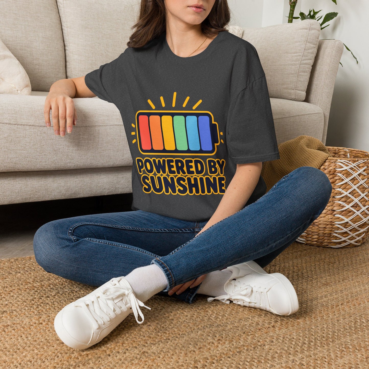 Powered by Sunshine T‑Shirt — Colorful Battery Graphic Tee