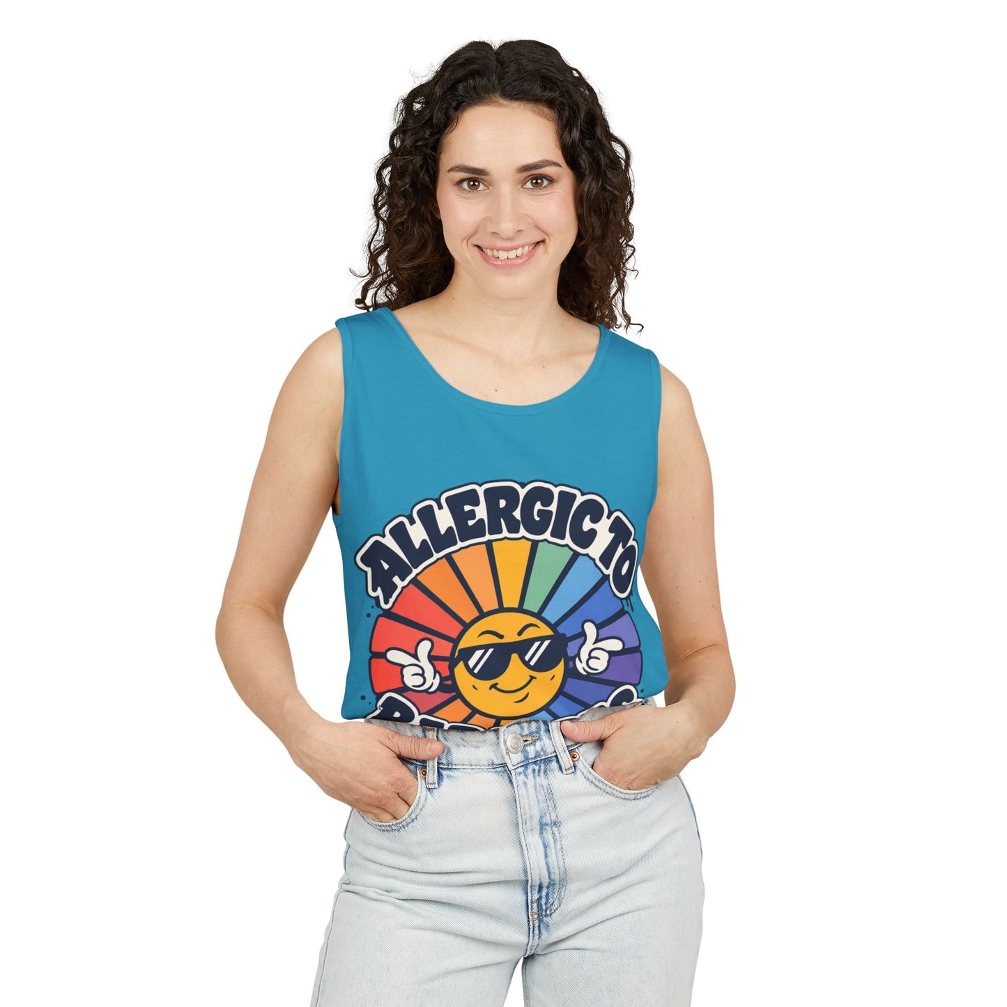 Allergic to Bad Vibes Tank Top — Retro Smiley Rainbow Graphic