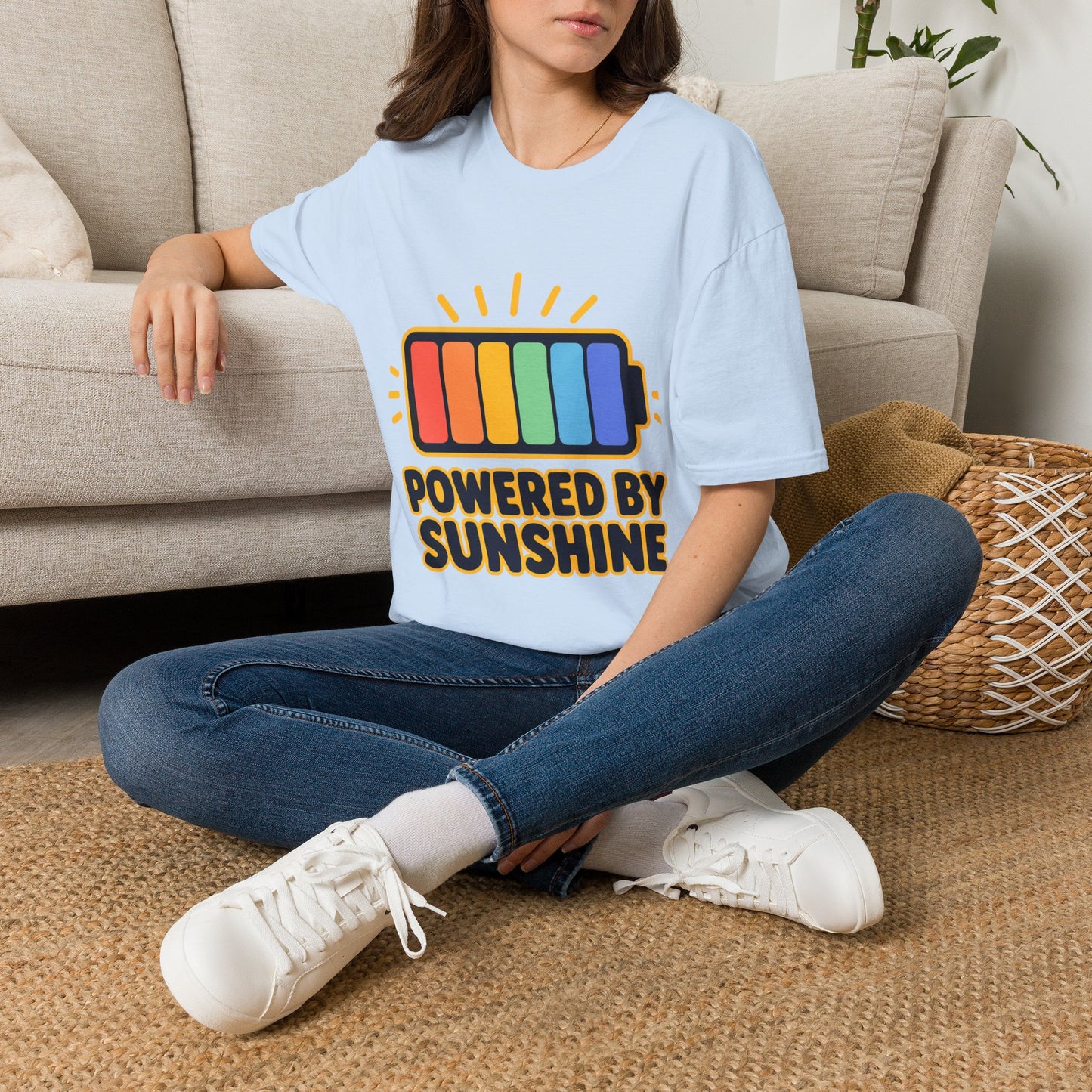 Powered by Sunshine T‑Shirt — Colorful Battery Graphic Tee