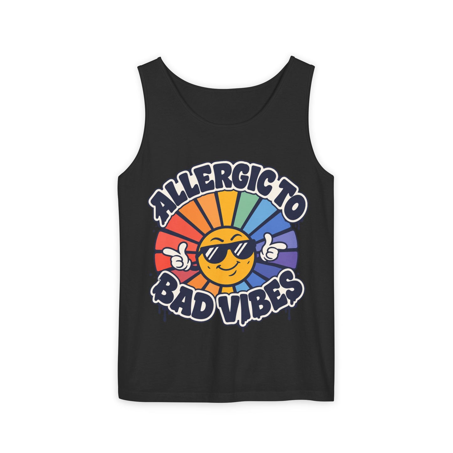 Allergic to Bad Vibes Tank Top — Retro Smiley Rainbow Graphic