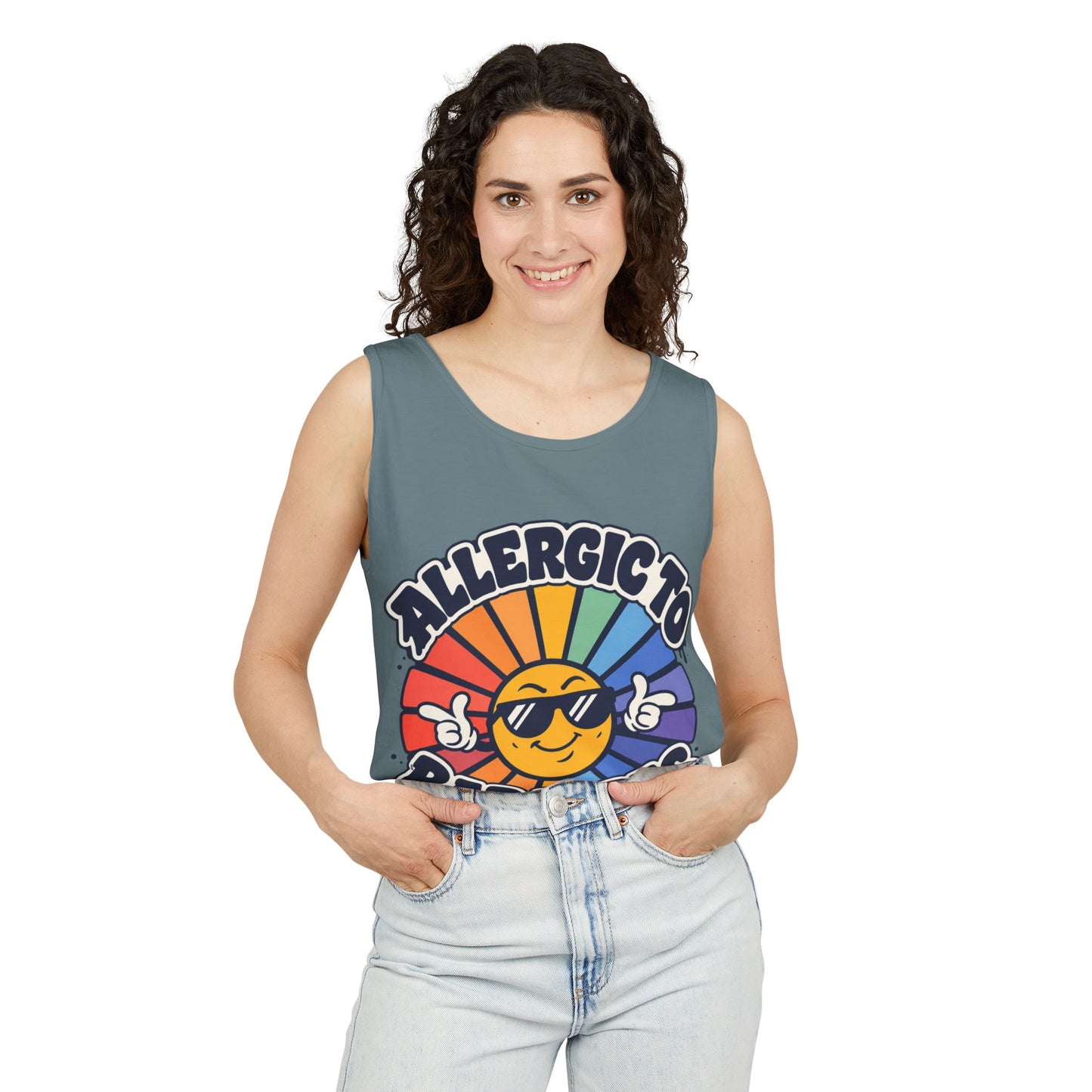 Allergic to Bad Vibes Tank Top — Retro Smiley Rainbow Graphic