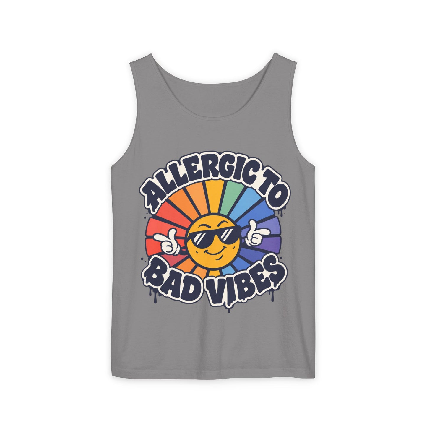 Allergic to Bad Vibes Tank Top — Retro Smiley Rainbow Graphic