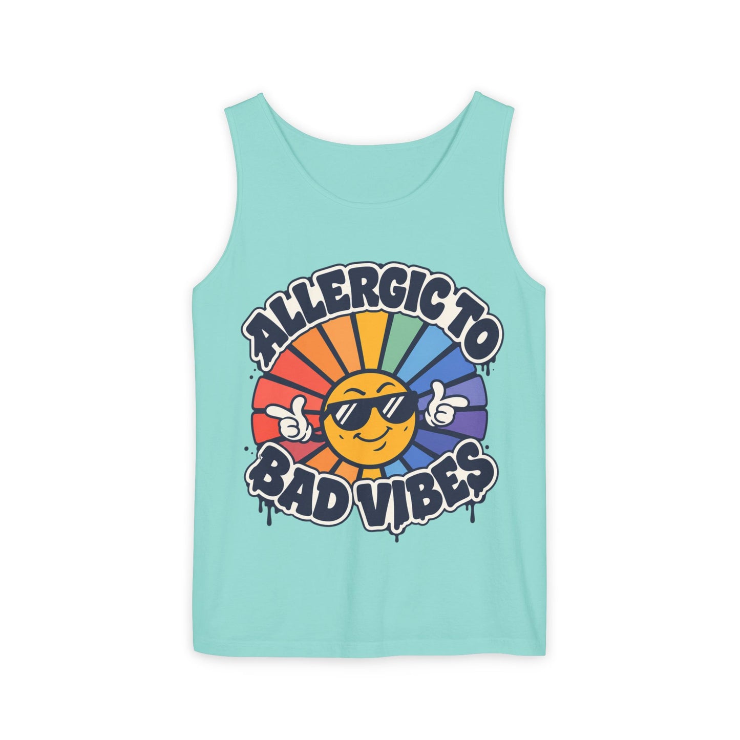 Allergic to Bad Vibes Tank Top — Retro Smiley Rainbow Graphic