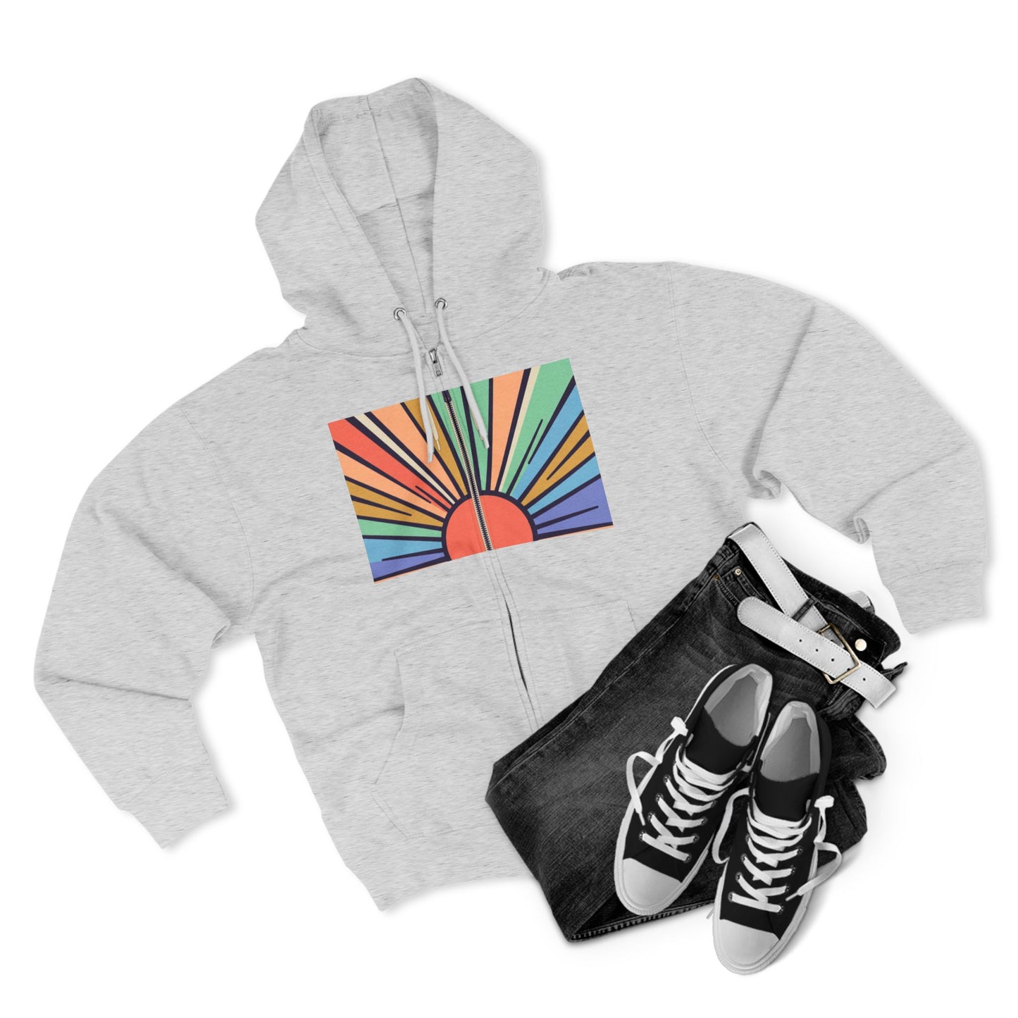 Big Sun Energy Zip Hoodie — Retro Rainbow Sunrise Graphic