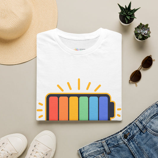 Powered by Sunshine T‑Shirt — Colorful Battery Graphic Tee
