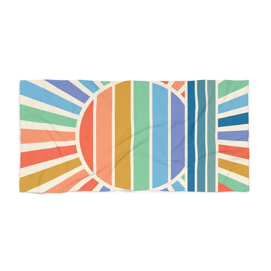 Retro Rainbow Sun Beach Towel — Striped Summer Coastal Throw