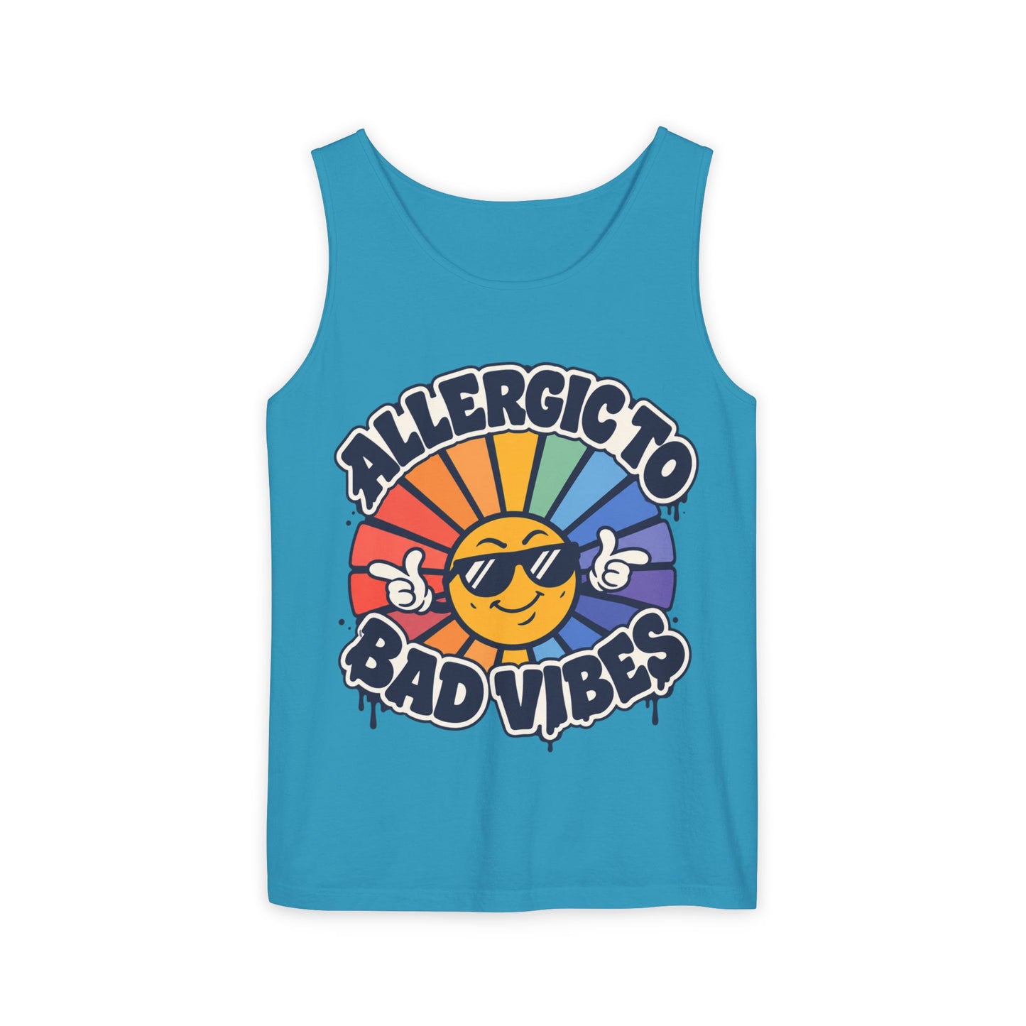 Allergic to Bad Vibes Tank Top — Retro Smiley Rainbow Graphic