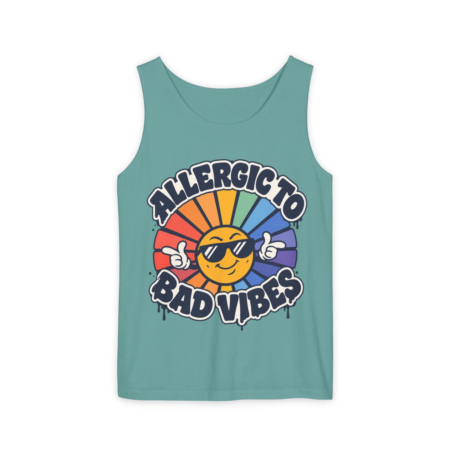 Allergic to Bad Vibes Tank Top — Retro Smiley Rainbow Graphic