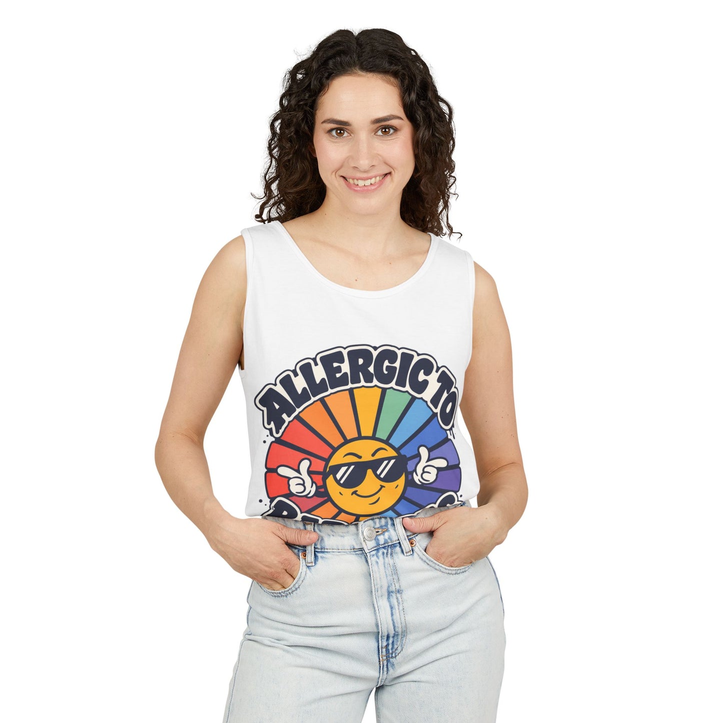 Allergic to Bad Vibes Tank Top — Retro Smiley Rainbow Graphic