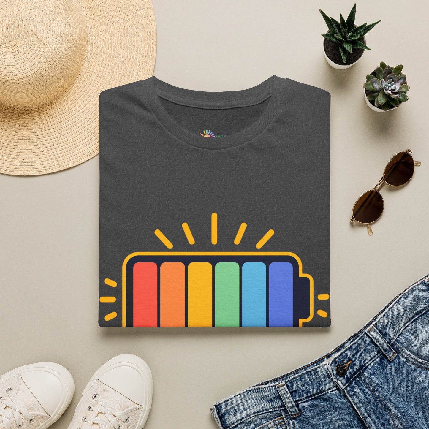 Powered by Sunshine T‑Shirt — Colorful Battery Graphic Tee