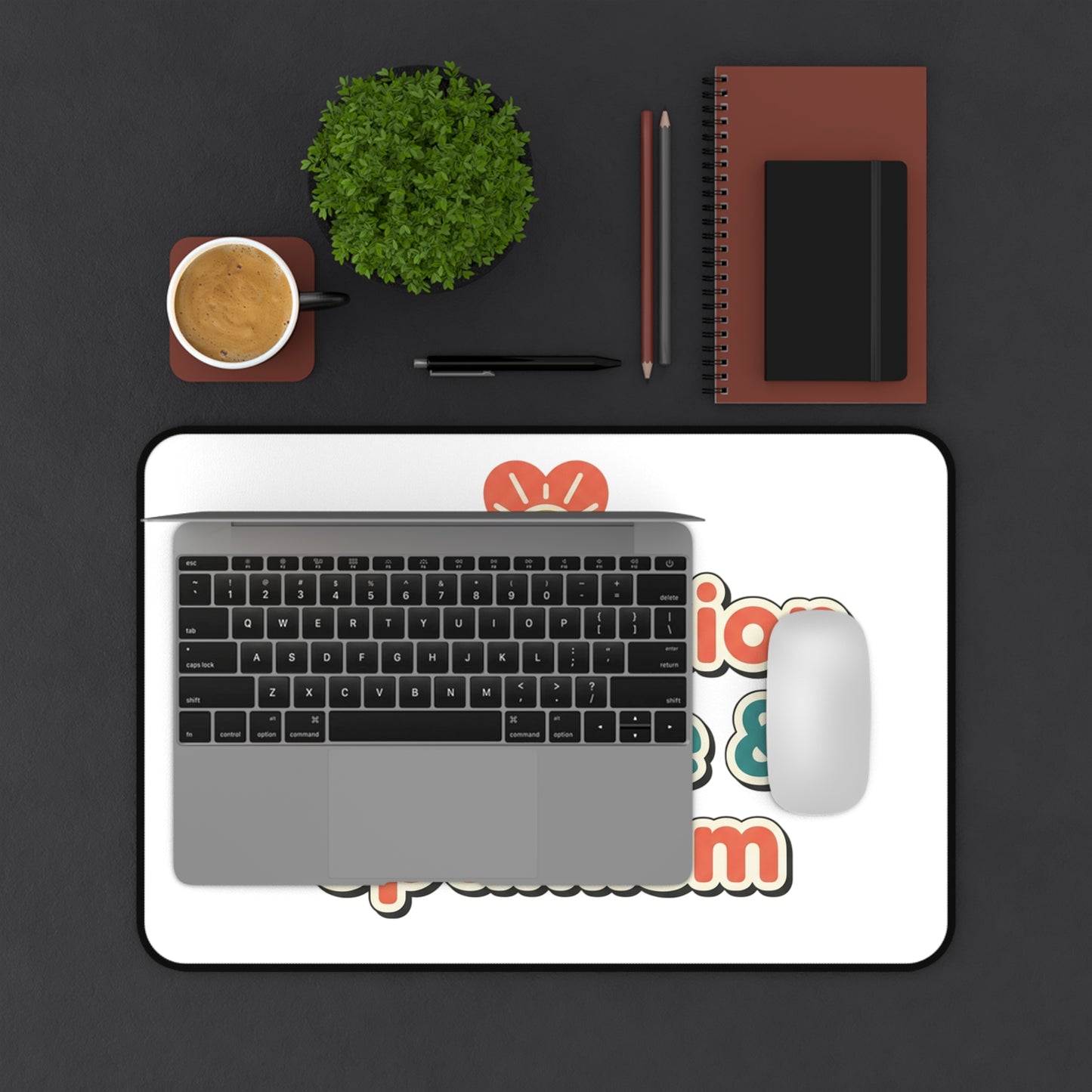 Desk Mat — "Compassion, Caffeine & Optimism" Motivational Office Mousepad