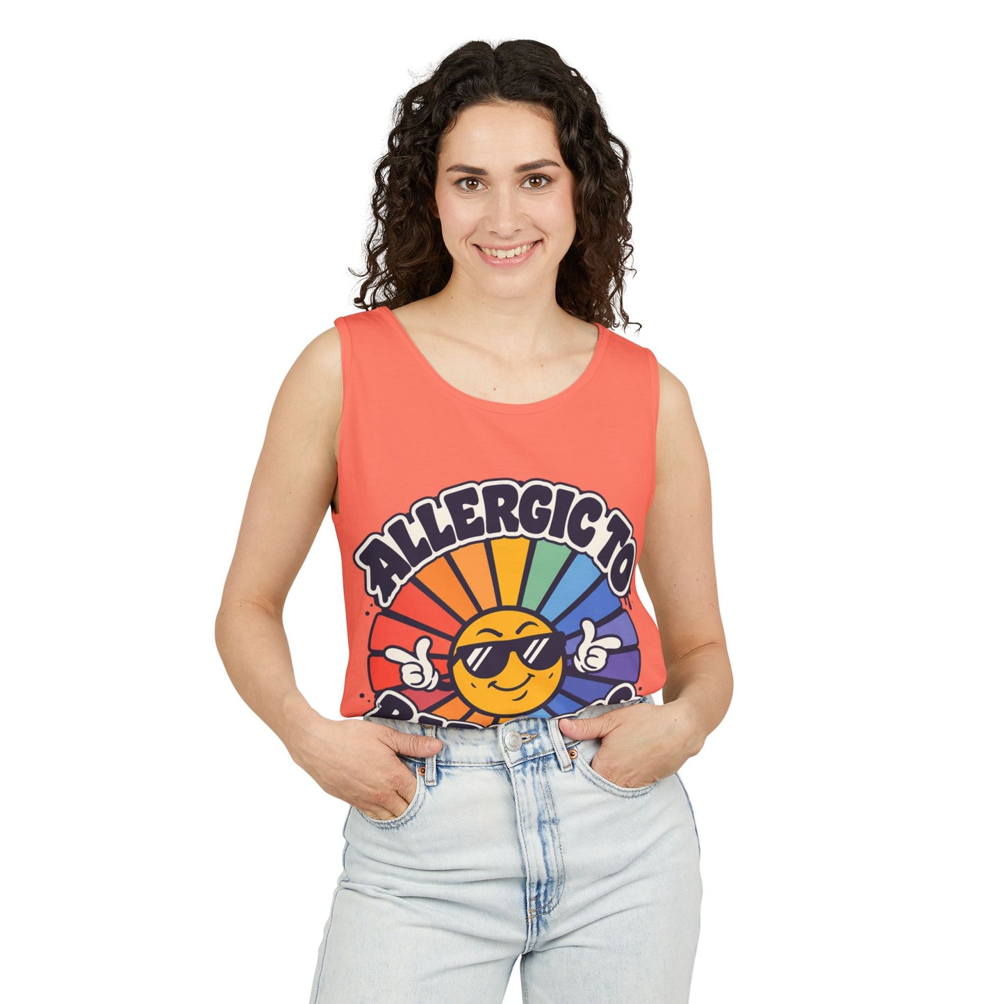 Allergic to Bad Vibes Tank Top — Retro Smiley Rainbow Graphic