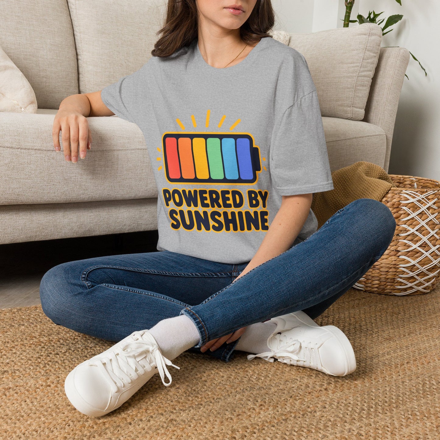 Powered by Sunshine T‑Shirt — Colorful Battery Graphic Tee