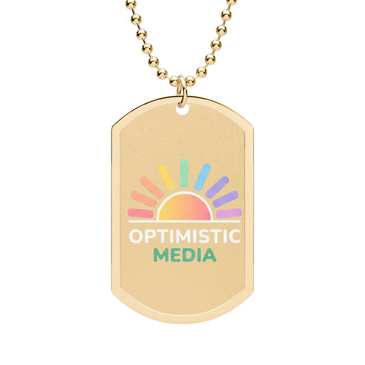 Optimistic Media Sunrise Dog Tag Necklace — Rainbow Logo Pendant