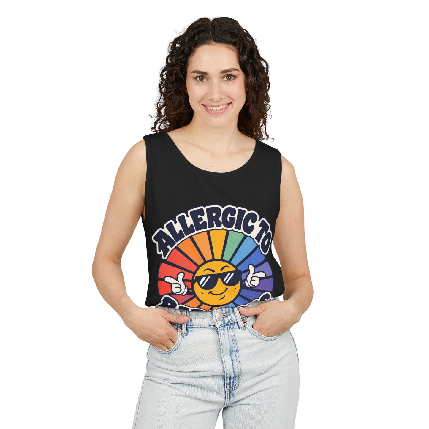 Allergic to Bad Vibes Tank Top — Retro Smiley Rainbow Graphic