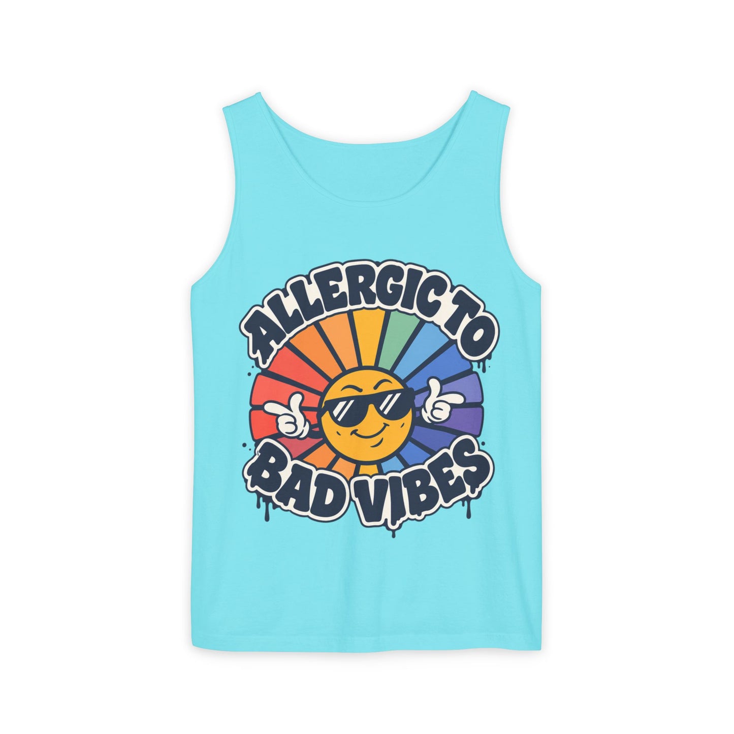Allergic to Bad Vibes Tank Top — Retro Smiley Rainbow Graphic