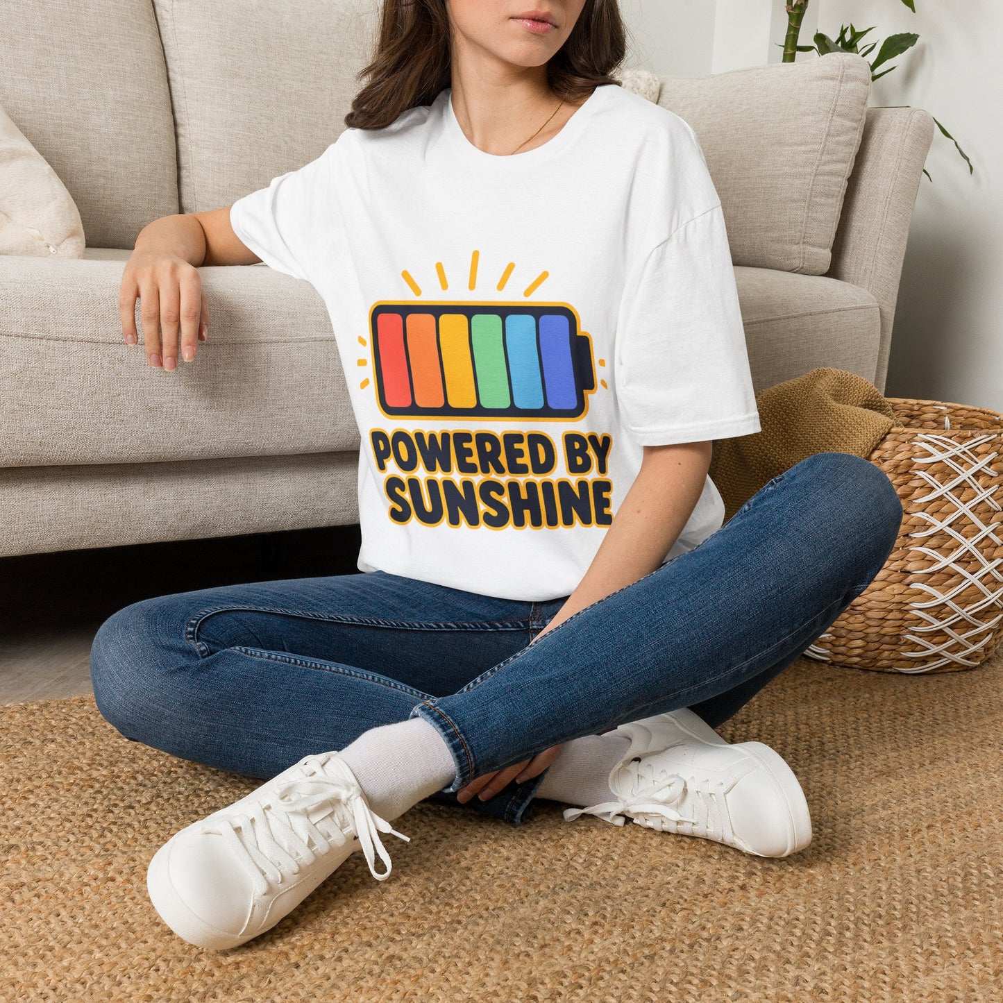 Powered by Sunshine T‑Shirt — Colorful Battery Graphic Tee