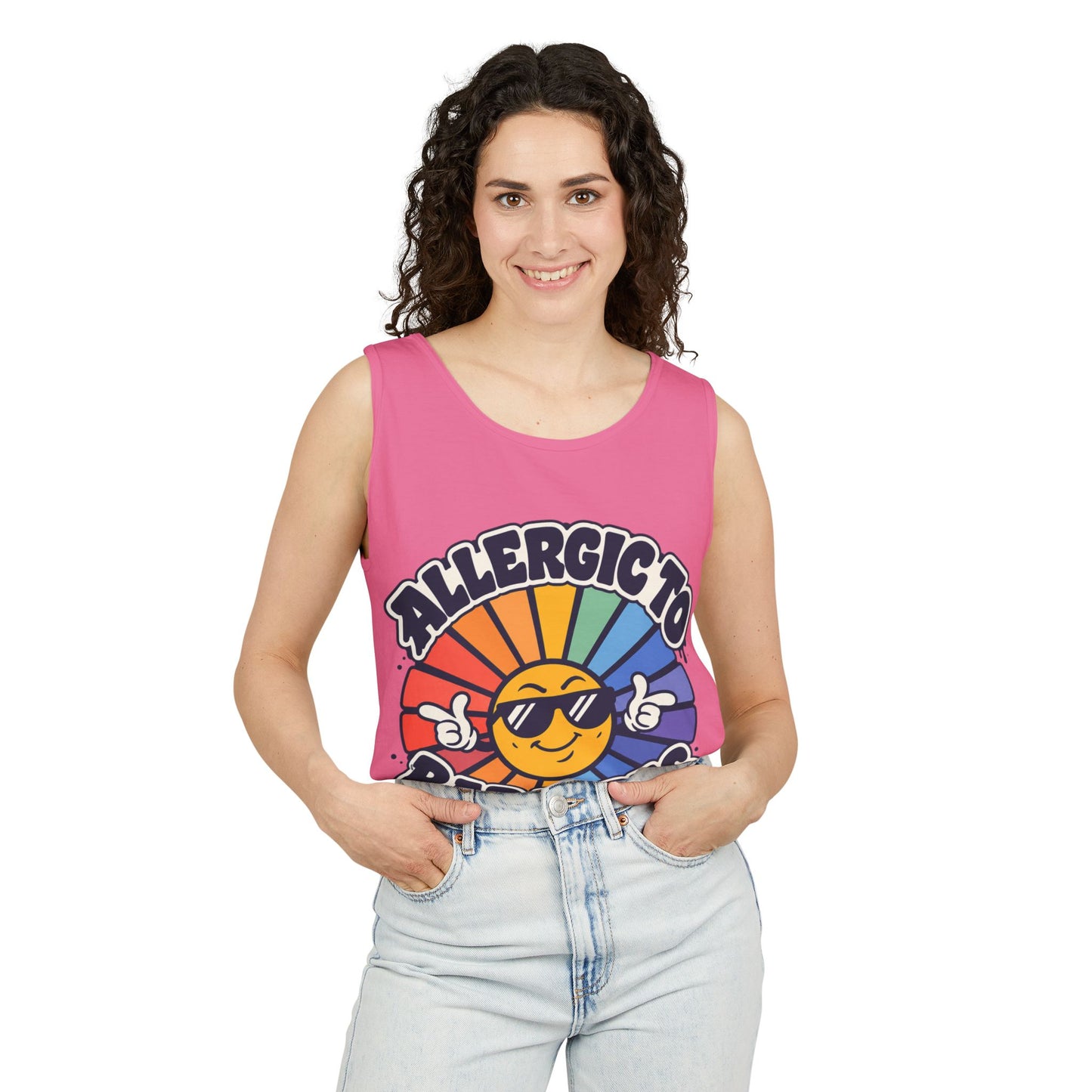 Allergic to Bad Vibes Tank Top — Retro Smiley Rainbow Graphic