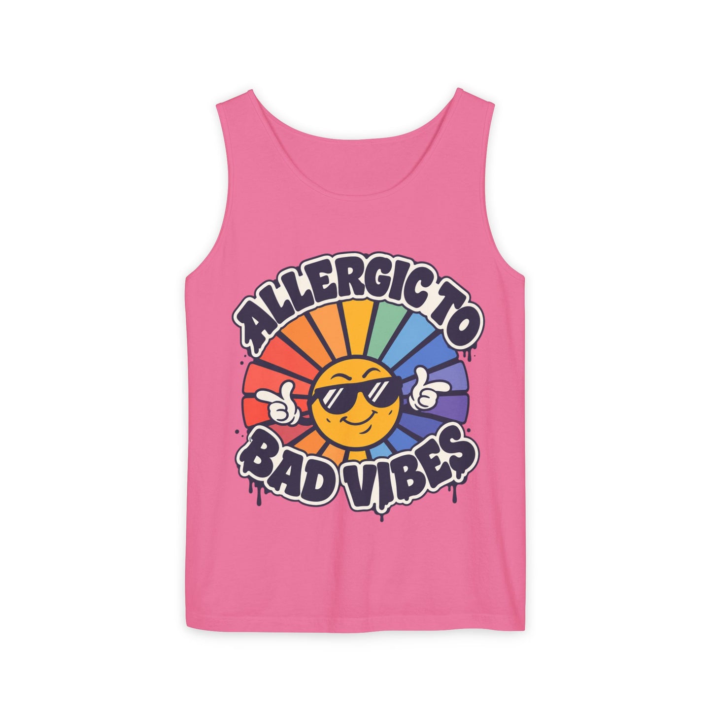 Allergic to Bad Vibes Tank Top — Retro Smiley Rainbow Graphic