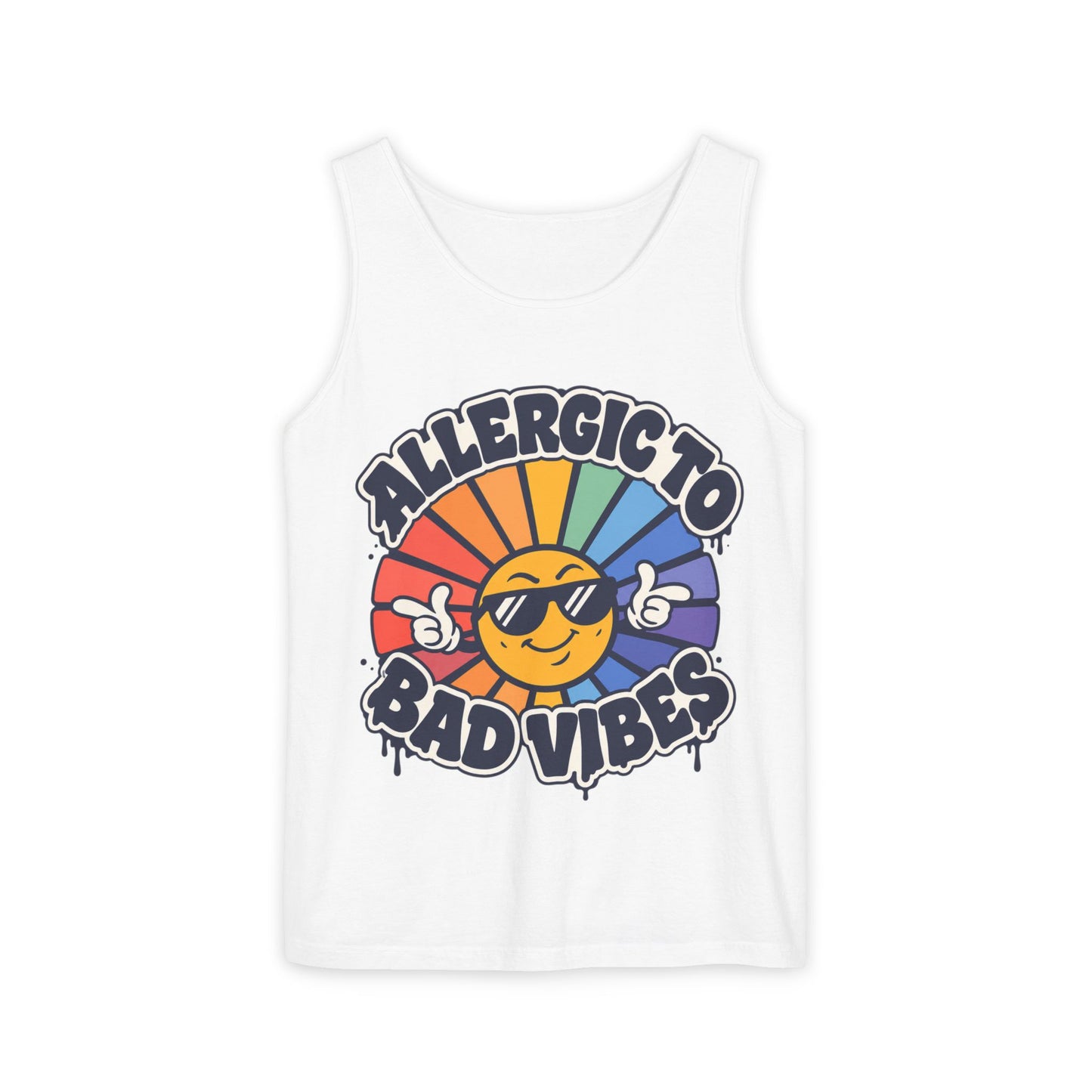 Allergic to Bad Vibes Tank Top — Retro Smiley Rainbow Graphic
