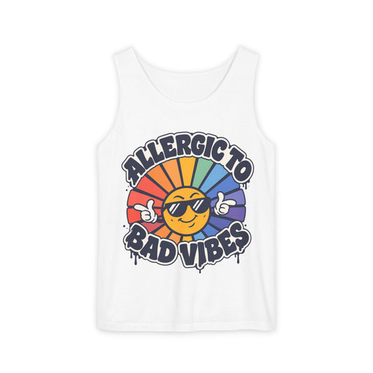 Allergic to Bad Vibes Tank Top — Retro Smiley Rainbow Graphic